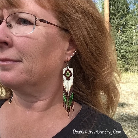 Native Diamond Beaded Earrings with Long Fringe, New, Handmade by Me - Picture 7 of 8